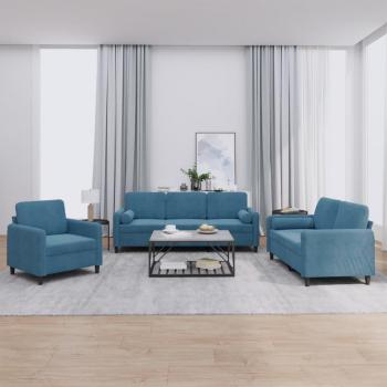 Sofá de 3 piezas con almohadas de terciopelo azul Vidaxl