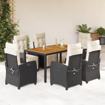 7-Piece Black Poly Rattan Garden Dining Set with Cushions