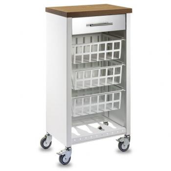 Carrito de Cocina KARA - Carrito Verdulero Blanco con Armazón de Acero Inoxidable y Tapa de Madera Cereza