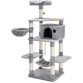 Rascador para gatos de varios niveles 174 cm con tazón de comida, postes de sisal, cesta flotante y caseta en antracita o gris claro