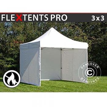 Carpa Plegable Rápida FleXtents PRO 3x3m Blanca, Ignífuga y Resistente al Agua con 4 Laterales