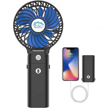 HandFan Portable Handheld Mini Desk Fan with 5200mAh Power Bank, USB Rechargeable Folding Personal Electric Fan with 5-18 Hours Working Time (Power Black)
