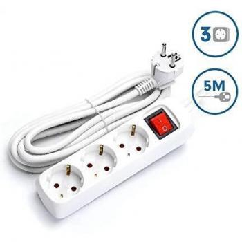 Aigostar Regleta alargador de 3 enchufes con cable de 5 metros e interruptor. Color Blanco