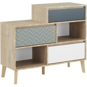 Cómoda Galipette LARVIK de 3 cajones y 2 nichos, en colores marrón, verde y blanco, fabricada en Francia