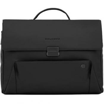 Piquadro Pan Leather Briefcase with Laptop Compartment - 42 cm, Black