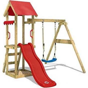 Parque infantil de madera TinyWave con columpio, tobogán y arenero - rojo