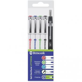Bismark Set de Dibujo Técnico con 3 Rotuladores Calibrados de Color, Rotulador Punta Pincel y Portaminas 330180