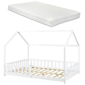 Cama infantil Hesel en forma de casa con reja y colchón 120x200cm - Blanco