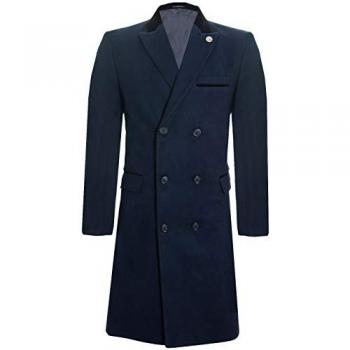 Navy Wool Double Breasted 3/4 Crombie Overcoat for Men - Peaky Blinders Style