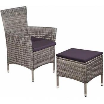 Outdoor Poly Rattan Chair and Stool Set with Grey Cushions