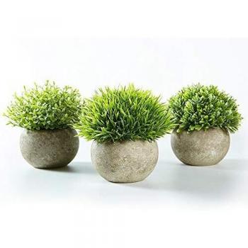 Jobary Set de 3 Plantas Artificiales con Césped Verde en Macetas Grises, Plantas Pequeñas Sintéticas de Plástico Decorativas, Ideales para la Decoración de la Casa, Cocinas, Oficinas y Exteriores