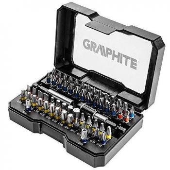 Graphite. Juego 60 puntas de destornillador, TORX, de acero S2, Ph, Pz, SL hexagonal, TORX a prueba de manipulaciones