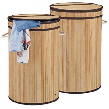 Cesto Ropa Sucia Plegable de Bambú con Tapa - 2x, Redondo, 65 Litros, Ø 40 cm, Natural