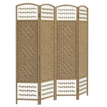 HOMCOM Biombo Separador de Ambientes 4 Paneles 160x170 cm Divisor de Habitación Plegable Cuerda de Papel Marco de Madera Decoración Natural