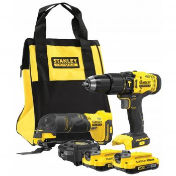 Set Inalámbrico Stanley V20 18V: Taladro Percutor y Atornillador de Impacto, 2 Baterías 2.0Ah, Bolsa y Cargador, Negro con Amarillo