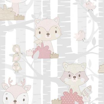 Papel pintado Noordwand Mondo baby Forest Animals gris y rosa