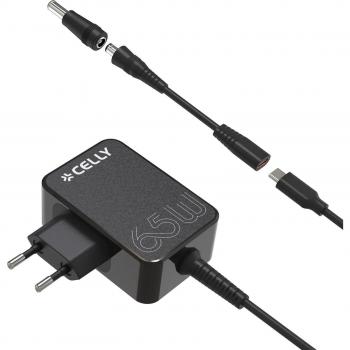 Cargador de pared USB-C de 65W con adaptadores incluidos - Celly TCTIPS65WBK