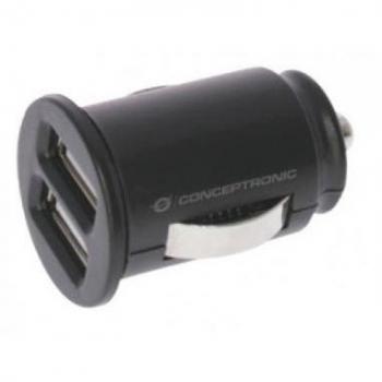 Cargador USB para Coche Conceptronic 5V Doble Puerto USB 2.4A Color Negro Presentación Bulk