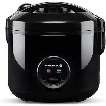 Reishunger Olla Arrocera Electrica y Vaporera Negro con Función de Mantenimiento del Calor - Para 1-6 Personas - Preparación rápida sin quemarse - Revestimiento Antiadherente