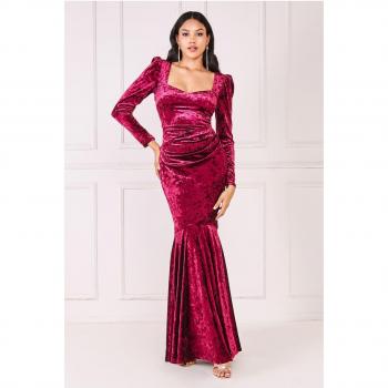 Goddiva Flared Hem Ice Velvet Maxi Dress - Burgundy