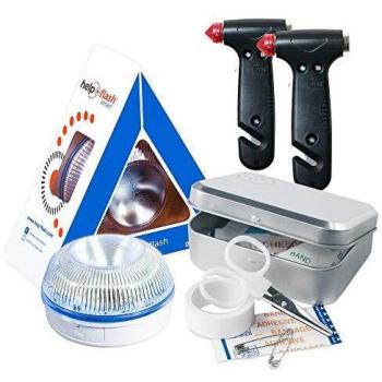 HELP FLASH SMART - luz emergencia AUTÓNOMA señalización peligro/linterna, homologada, DGT, V16 AUTOMÁTICA + 2 MARTILLOS Emergencia: rompeventanas+cortador cinturón, y REGALO CAJA KIT PRIMEROS AUXILIOS
