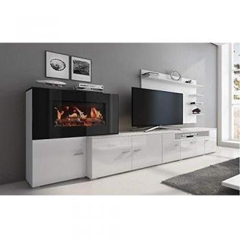 Mueble salón comedor Skraut Home con chimenea eléctrica, 5 niveles de llama, 3 acabados de color posibles (Blanco Mate y Blanco Brillo Lacado), medidas: 290x170x45 cm