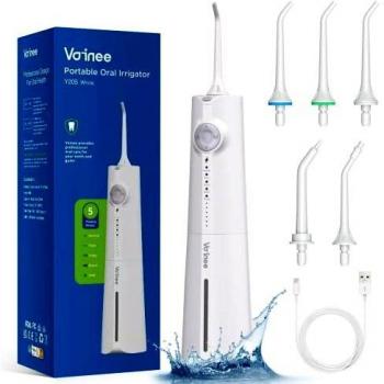 Voinee Irrigador Dental Profesional 230ml Irrigador Bucal Portátil USB Recargable Impermeable IPX7 y 5Modos con 5 Boquillas 6 Ajustes de Presión del Agua Inalámbrico Multifuncionales para Familia