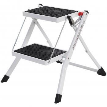 Escalera Plegable de 2 Peldaños con Asa, Peldaños de 20 cm de Profundidad, Goma Antideslizante, Carga Máxima 150 kg, Acero, Segura y Conveniente