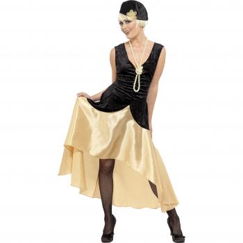 Disfraz de Chica Gatsby de los Años 20 - Talla L, vestido negro y dorado con sombrero y collar de perlas