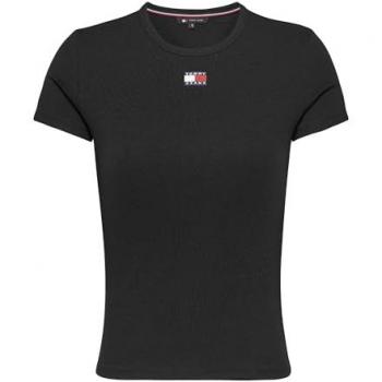 Tommy Jeans Women's Slim Fit Black Ribbed T-Shirt XL with Logo Embroidery