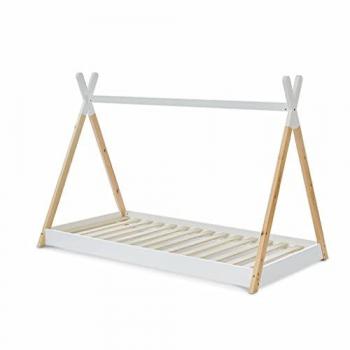 Cama Tipi Infantil de Madera Maciza de Pino Natural Blanco 90x190 cm con Base Incluida, Modelo Tobias