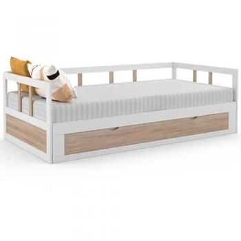 Sofá Cama Convertible Zoya 90 x 190 cm a 180 x 190 cm Blanco y Haya con Cajón de Almacenaje