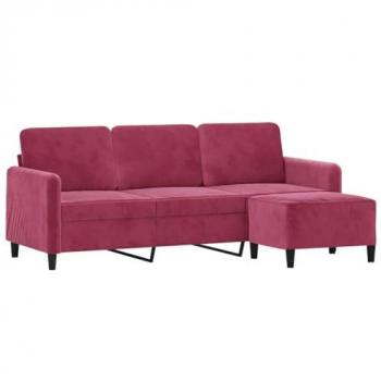 Sofá de 3 plazas con taburete de terciopelo rojo tinto 180 cm vidaXL, asiento con respaldo y reposabrazos, sillón de relax para descanso y televisión