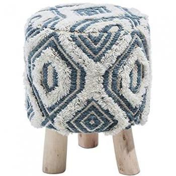 Taburete Blanco y Azul de Lana y Algodón con Patas de Madera y Patrón Oriental Agra