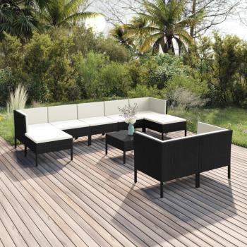 10-Piece Black Poly Rattan Garden Lounge Set with Cushions