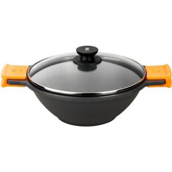 BRA Efficient Wok Cacerola Cóncava de 32cm, con Tapa de Cristal y Asas de Silicona, Aluminio Fundido, Negro