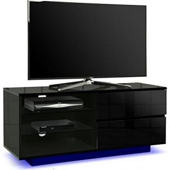 Centurion Supports Soporte Gallus Premium negro brillante con 2 cajones negros y 3 estantes de 32 a 55 pulgadas LED/OLED/LCD Mueble de TV con 16 luces LED de color