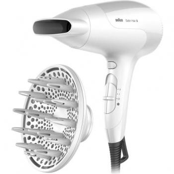 Braun Satin Hair 3 Power Perfection HD385 Secador de Pelo con Tecnología IONTEC y Difusor, 2000W, Blanco
