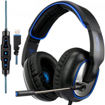 SADES R7 7,1 canal virtual USB Gaming Headset Surround estéreo con cable sobre oreja Gaming auriculares con MIC revolución volumen control de ruido cancelación de luz LED para PC/Mac/Laptop