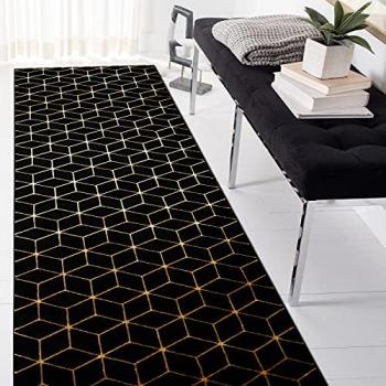 Alfombra de Pasillo Moderna Gloss Cubo Elegante Glamour Art Decó Negro/Oro 80x300 cm
