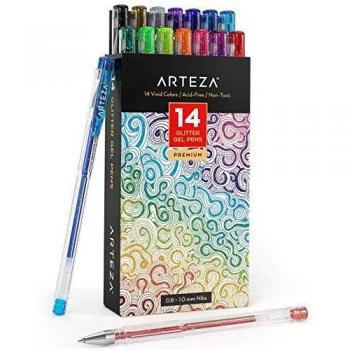 Arteza Bolígrafos de purpurina en tinta de gel | Pack de 14 bolígrafos rotuladores de colores brillantes | Tintas de gel de colores vivos | para pintar mandalas