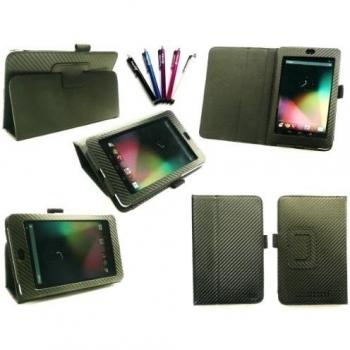 Emartbuy ® Stylus Pack Para Asus Google Nexus Tablet 7 - Paquete De 5 Monedero Ángulo Stylus + Protector De Pantalla + Negro Efecto De Fibra De Carbono De Múltiples Funciones / Multi / Portada / Soporte / Case Typing Con Sensor Del Sueño Wake
