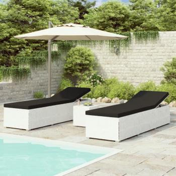 3-Piece White Poly Rattan Garden Sun Loungers with Tea Table