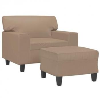 Sillón con taburete cuero sintético color capuchino 60 cm, silla con respaldo, reposabrazos, sofá de relax para descanso y televisión, ideal para salón