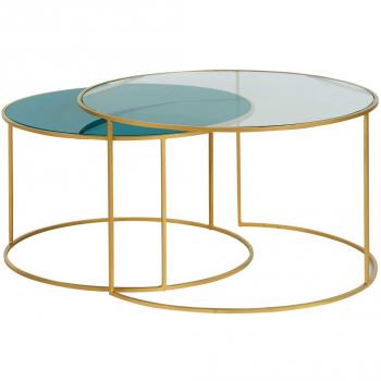 Miliboo - Set de 2 mesas nido de centro en metal dorado y cristal tintado azul petróleo ROXO