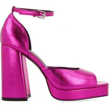 Sandalias de tacón de mujer de piel - Fucsia Metalizadas con Tacón Ancho y Plataforma