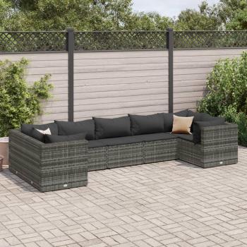 7-Piece Gray Poly Rattan Garden Lounge Set with Cushions