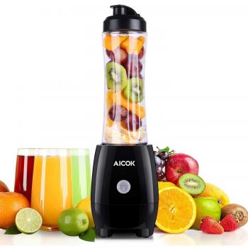 Batidora de Vaso, Aicok 300W Mini Batidoras Smoothie con 600ml e 330mlBotella Tritan, Batidoras para Smoothies 4 Cuchillas de Acero Inoxidable, Operación con un Solo Botón, Libre de BPA
