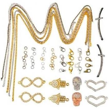 Pandahall£¬1 Serie Material Para Las Chicas DIY Pulsera , Con Cadenas De Bronce, Cadenas De Hierro, Cadenas De Enlaces Diamante De Imitacion Y De La Aleacion Y Broches Pinza De Langosta Aleacion, Color Mezclado, 23~54x14~19x2~7 mm, agujero: 1~2 mm