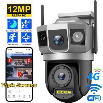 Cámara IP 12MP 6K con Doble Lente y Triple Pantalla, 4G-SIM, WiFi, Monitor Inalámbrico V380 para Seguridad CCTV Sin Tarjeta
